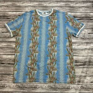 TOPMAN Men's Stripe Foliage T Tee Shirt Blue Green Cream Ivory S SM Small Cotton